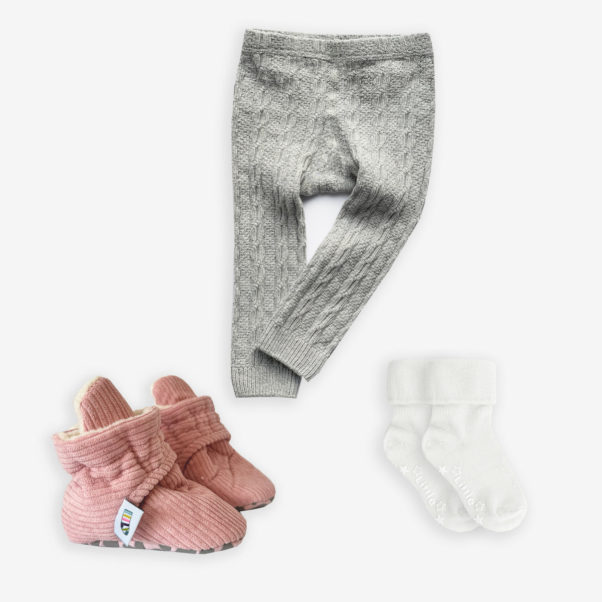 Non-Slip, Stay-on Bootie Bundle + Stay-on Socks + Cable Knit Leggings - Rose Corduroy