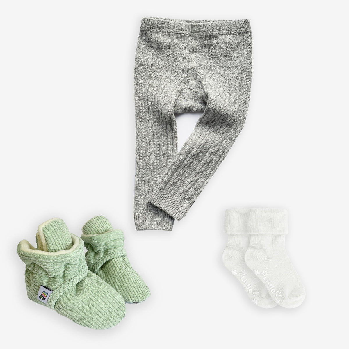 Non-Slip, Stay-on Bootie Bundle + Stay-on Socks + Cable Knit Leggings - Pistachio Corduroy