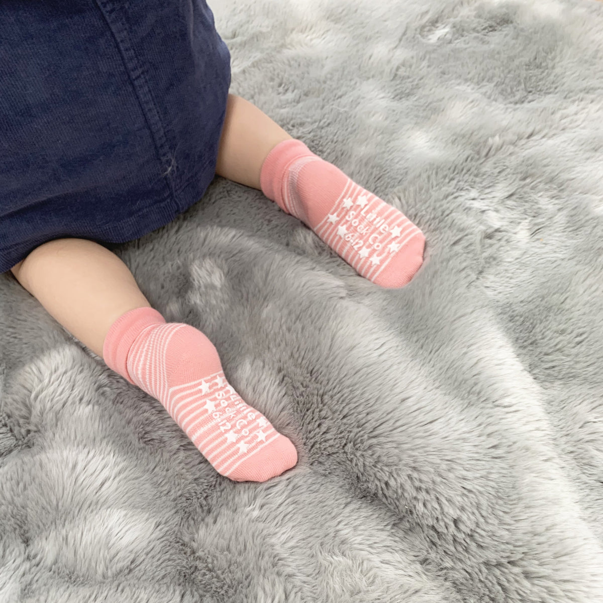 Organic Non-Slip Stay On Baby and Toddler Socks in Blush Stripe