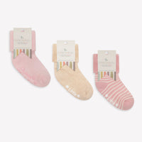 Cosy Stay On Winter Warm Non Slip Socks - 3 Pack in Pink, Stripe & Biscuit