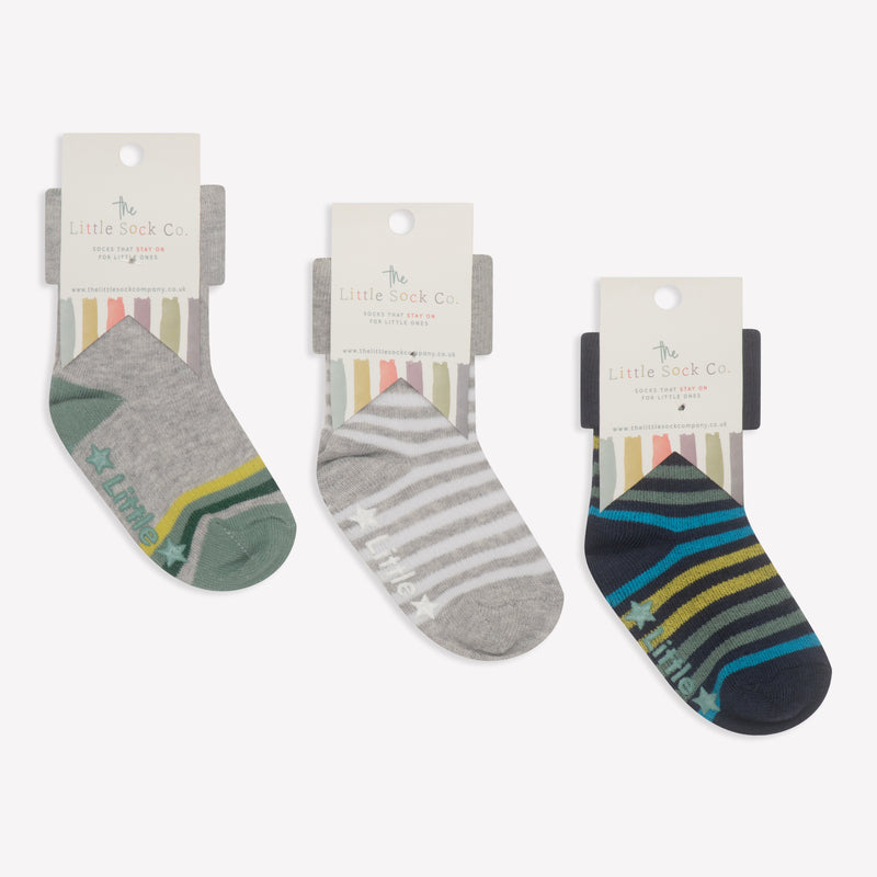 Non-Slip Stay On Baby and Toddler Socks  - 3 Pack in Samuel, Benedict & Stripe