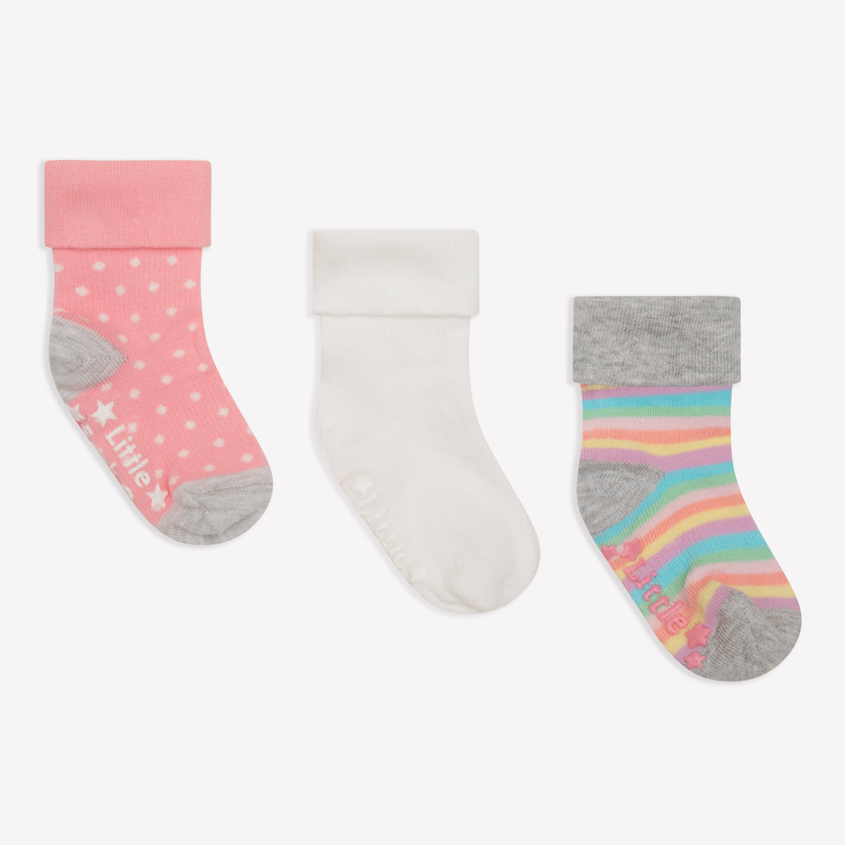 Non-Slip Stay On Baby and Toddler Socks  - 3 Pack in Rosey, Pink Dot & White