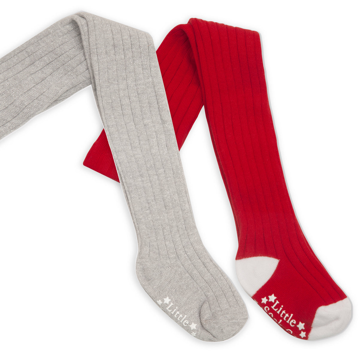 Non-Slip Ribbed Baby & Toddler Tights 2 Pack | Silver Sparkle & Red