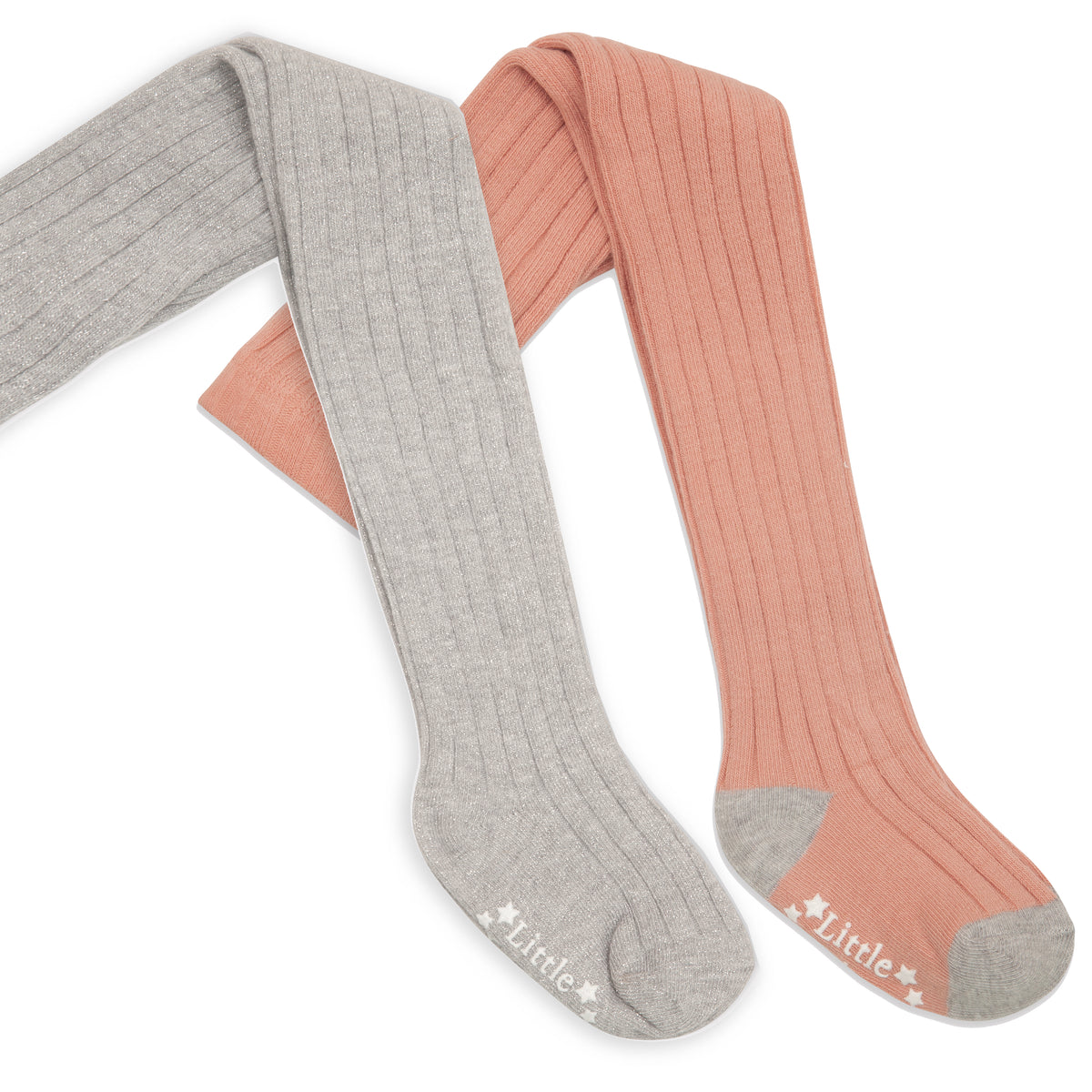 Non-Slip Ribbed Baby & Toddler Tight 2 Pack | Silver & Shell Pink