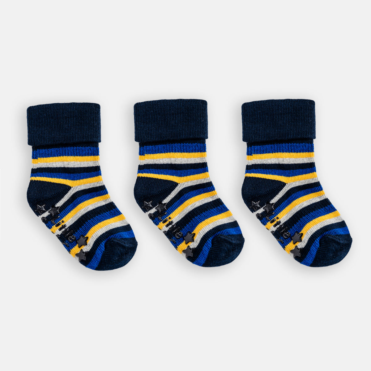 Non-Slip Stay On Baby and Toddler Socks - 3 Pack in Navy Mustard Stripe