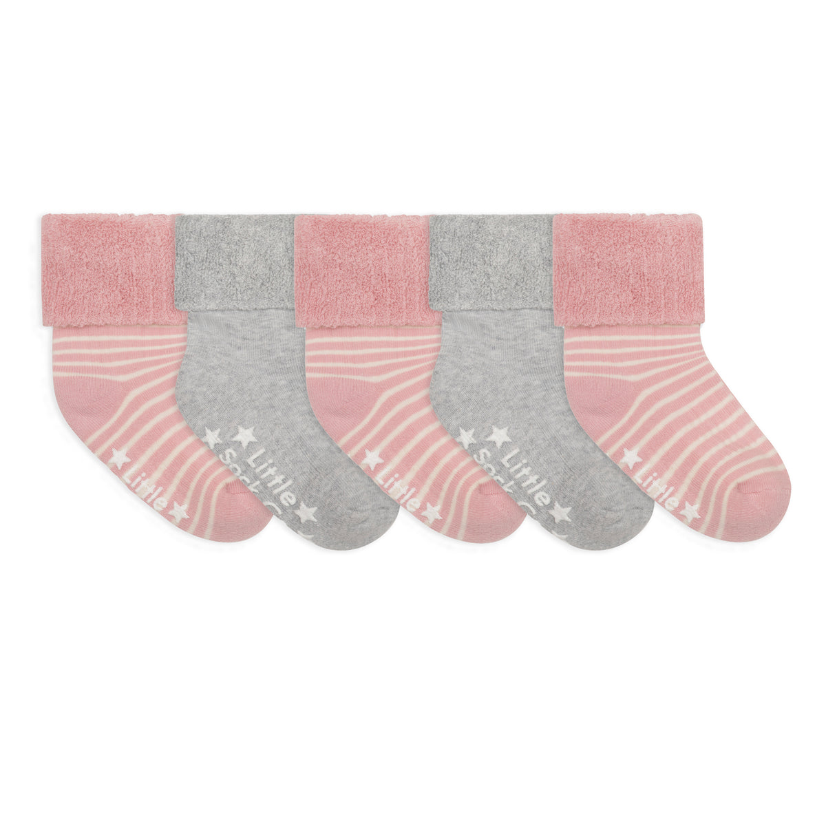 Cosy Stay On Winter Warm Non Slip Baby Socks - 5 Pack in Pink Stripe & Grey