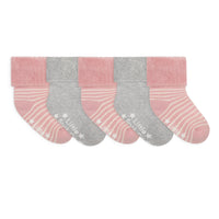 Cosy Stay On Winter Warm Non Slip Baby Socks - 5 Pack in Pink Stripe & Grey