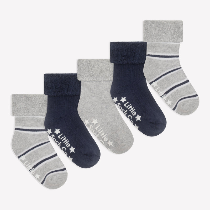 Cosy Stay On Winter Warm Non Slip Baby Socks - 5 Pack in Navy, Grey & Stripe