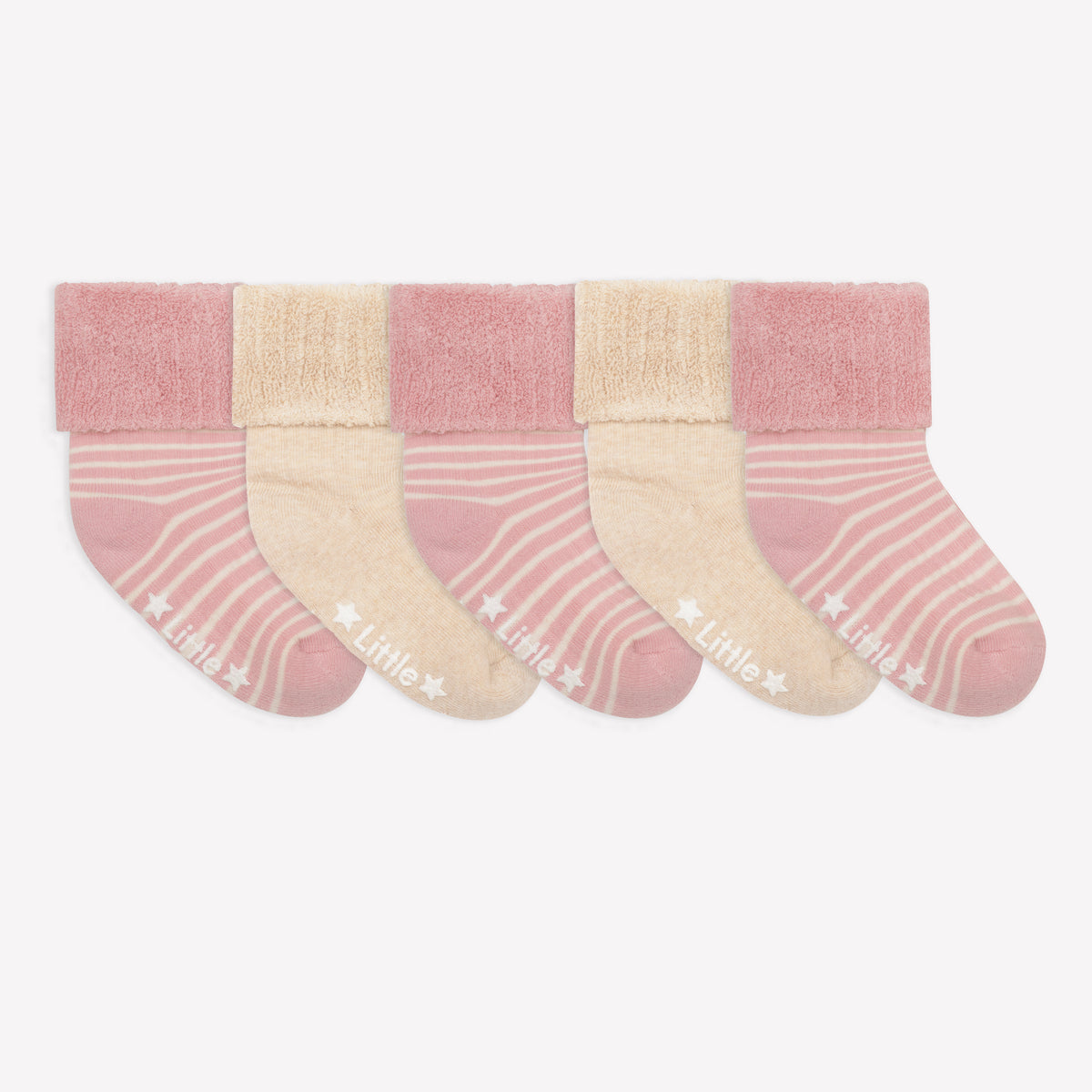 Cosy Stay On Winter Warm Non Slip Baby Socks - 5 Pack in Pink Stripe & Biscuit