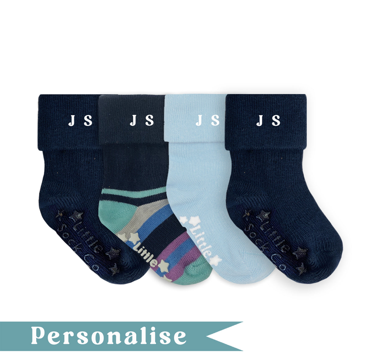Personalised set of Multi-award winning Non-Slip Stay on Baby and Toddler Socks - Blue - 0-3 years