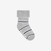 Cosy Stay On Winter Warm Non Slip Baby Socks in Navy Grey Stripe