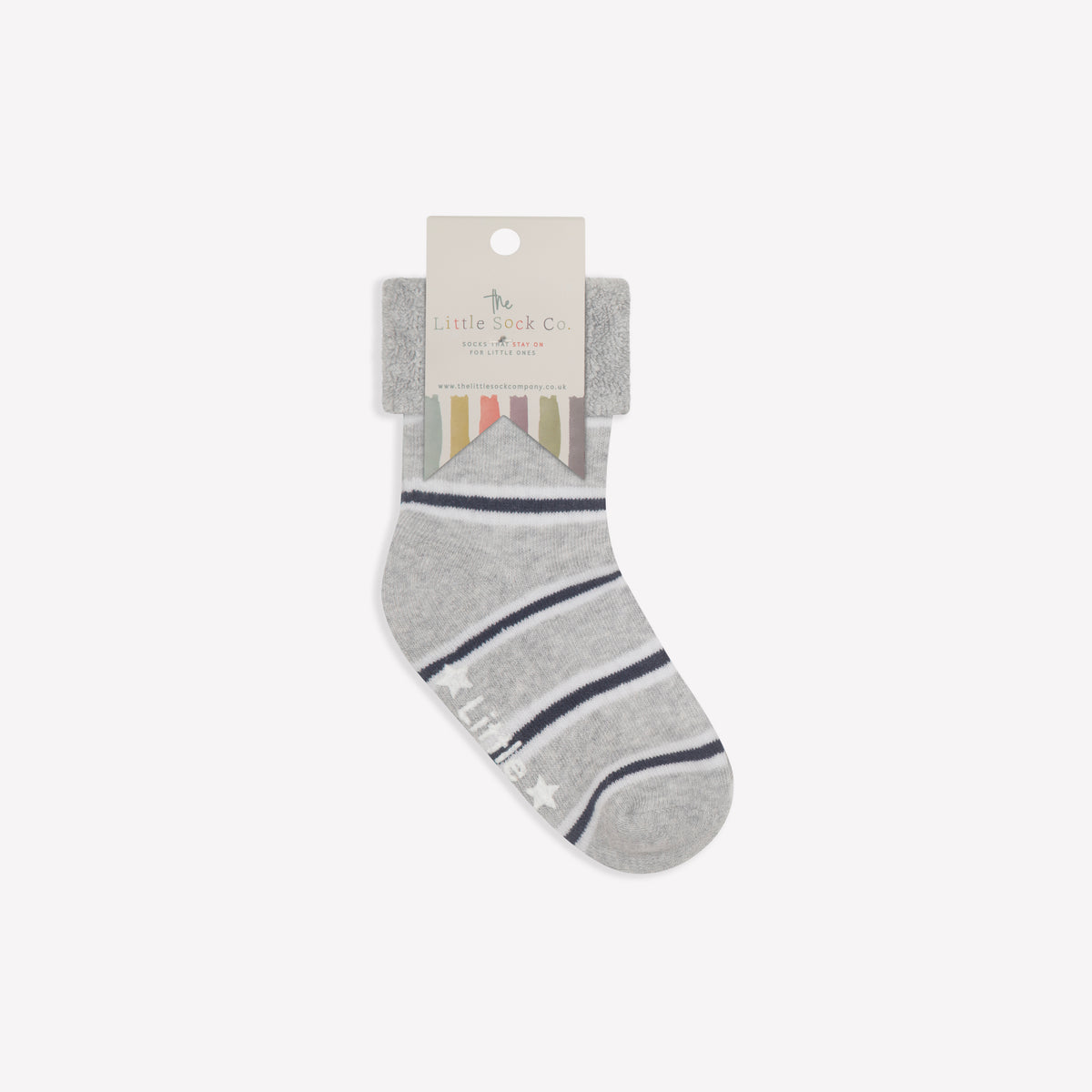 Cosy Stay On Winter Warm Non Slip Baby Socks in Navy Grey Stripe