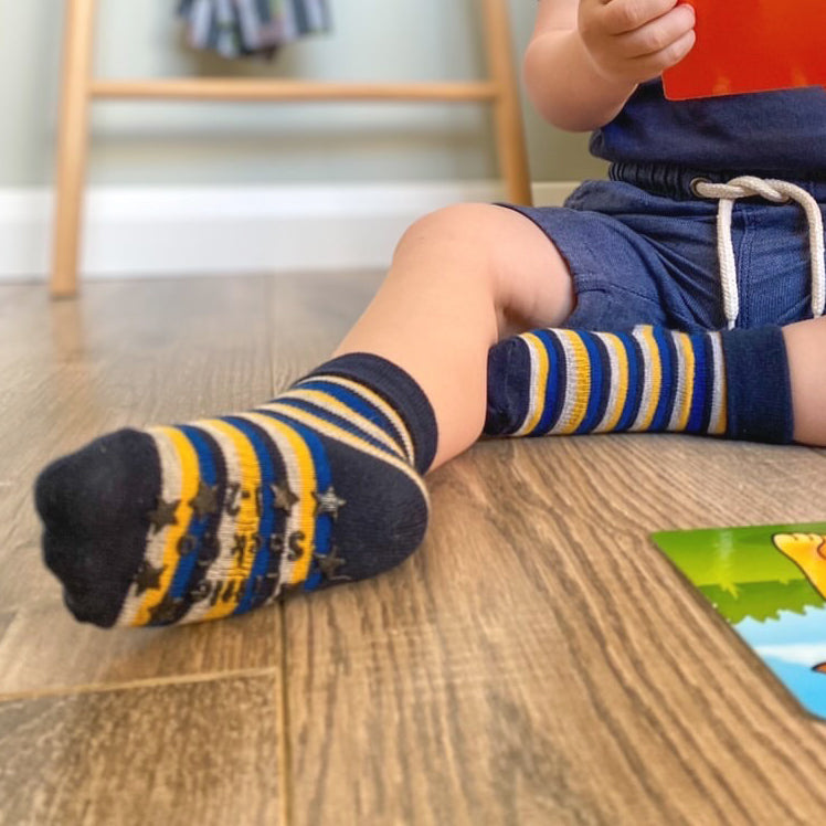 Non-Slip Stay On Baby and Toddler Socks - 3 Pack in Navy Mustard Stripe