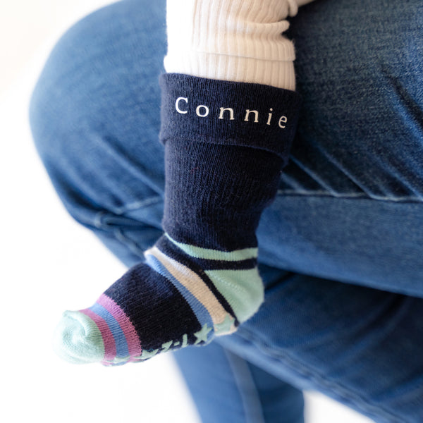 Personalised set of Multi-award winning Non-Slip Stay on Baby and Toddler Socks - Neutral Stripe- 6 months-3 years