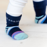 Personalised set of Multi-award winning Non-Slip Stay on Baby and Toddler Socks - Neutral Stripe- 6 months-3 years