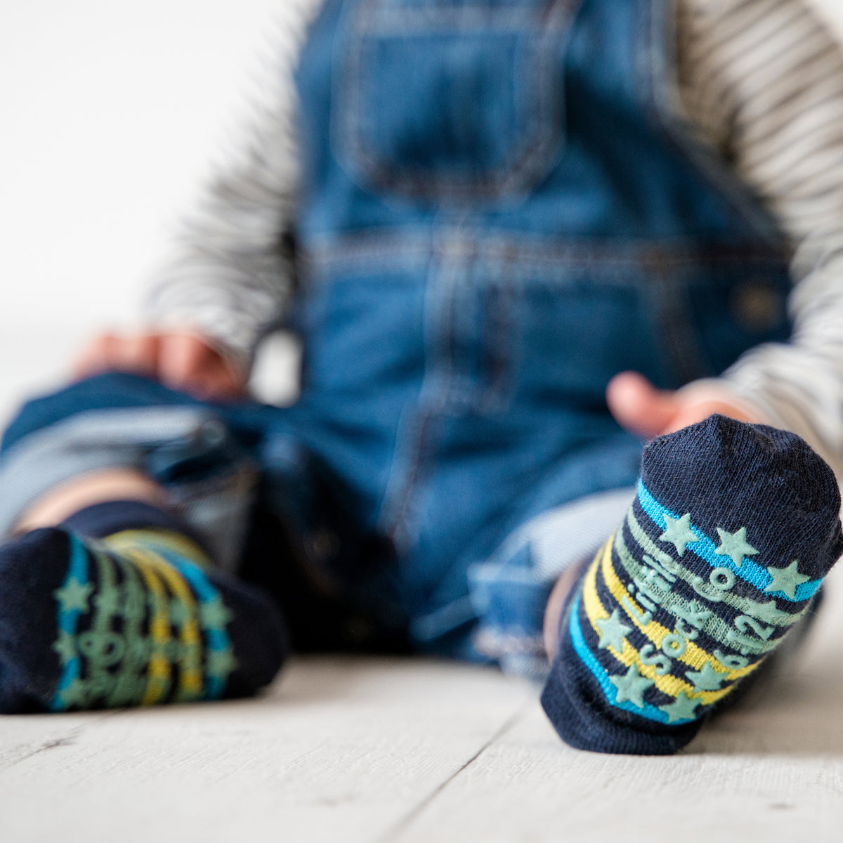 Non-Slip Stay-on Baby or Toddler Socks in Samuel Stripe