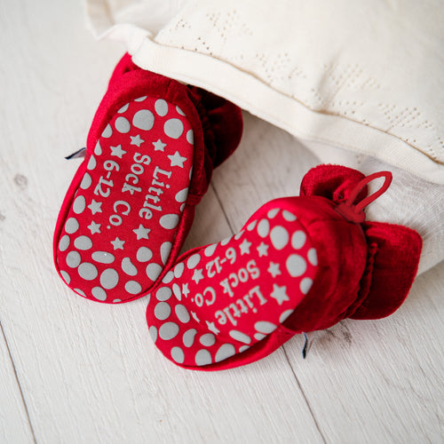 Crimson Red Velvet - Stay-on, Non-Slip Booties - Cosy Christmas Pram Slipper or Baby Carrier bootie