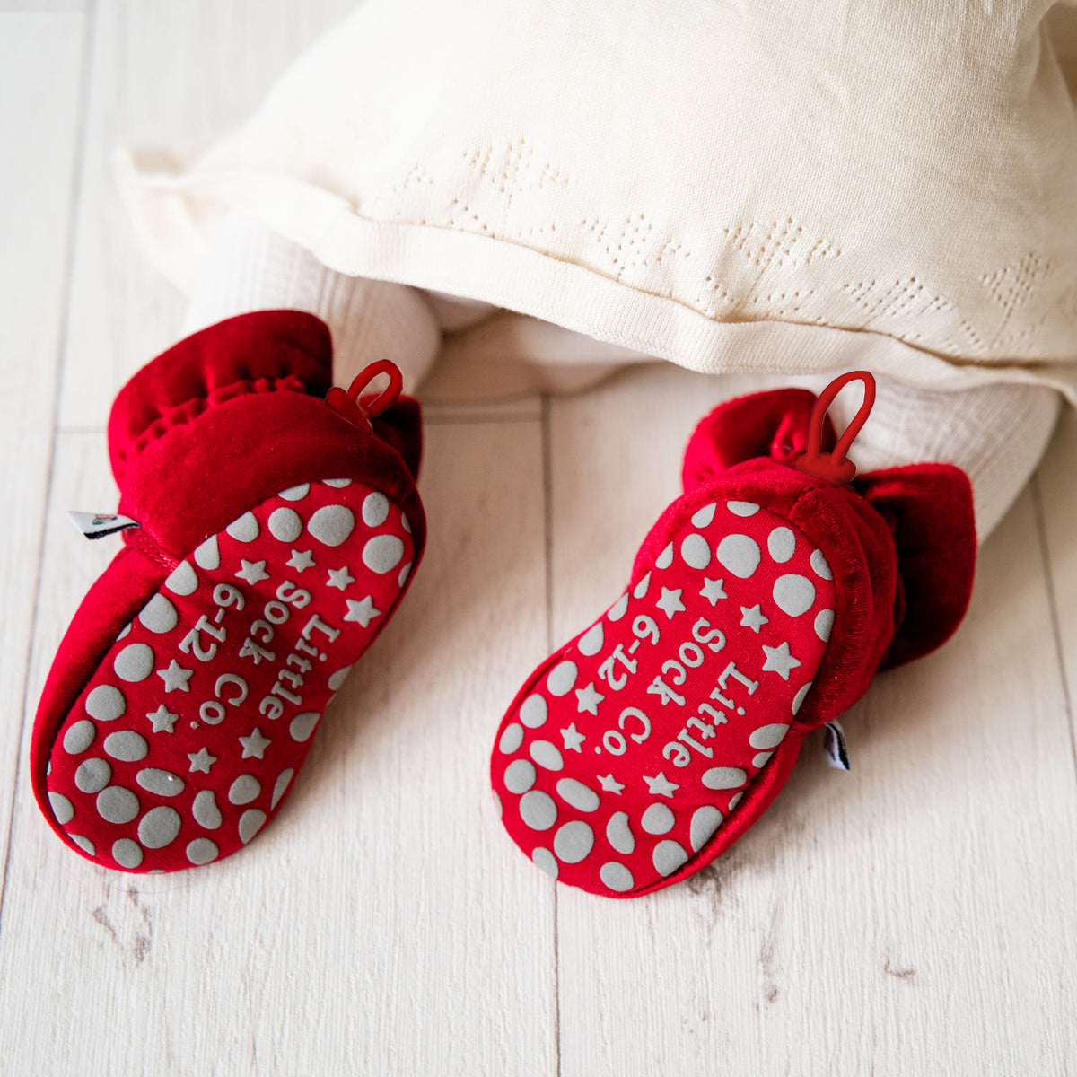 Crimson Red Velvet - Stay-on, Non-Slip Booties - Cosy Christmas Pram Slipper or Baby Carrier bootie