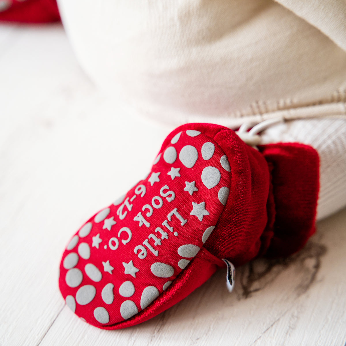 Stay-on, Non-Slip Crimson Red Velvet Booties + Frilly Sock Bundle