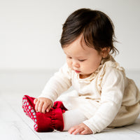 Crimson Red Velvet - Stay-on, Non-Slip Booties - Cosy Christmas Pram Slipper or Baby Carrier bootie