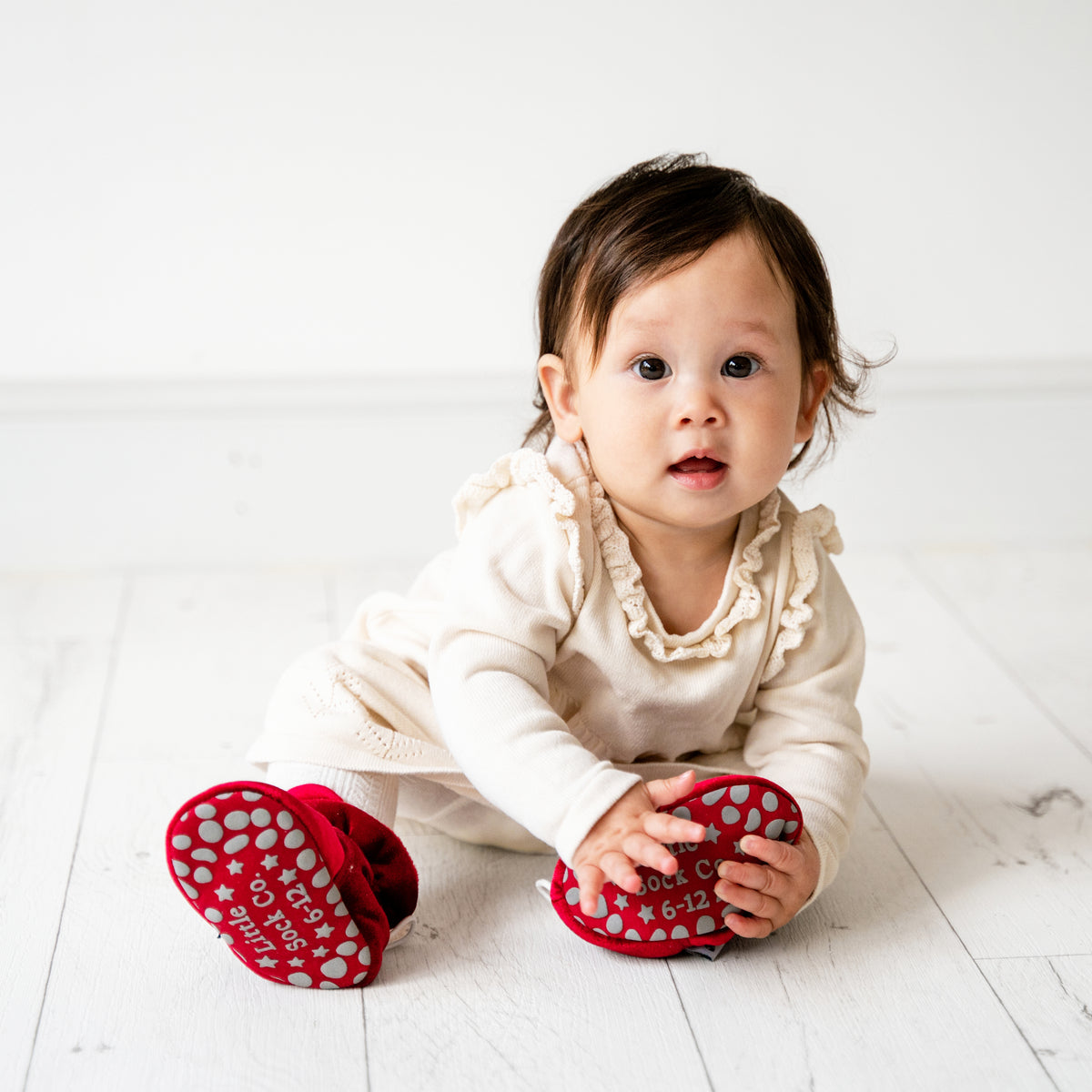 Crimson Red Velvet - Stay-on, Non-Slip Booties - Cosy Christmas Pram Slipper or Baby Carrier bootie