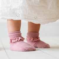 Frilly Non-Slip Stay-on Baby and Toddler Socks - 5 Pack in Oat, Orchid and Pink Lemonade