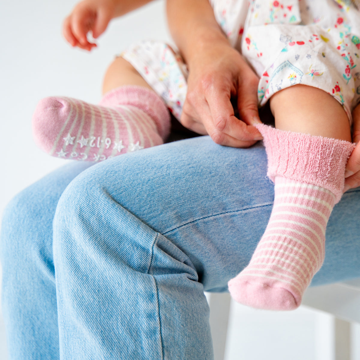 Cosy Stay On Winter Warm Non Slip Baby Socks - 5 Pack in Pink Stripe & Biscuit