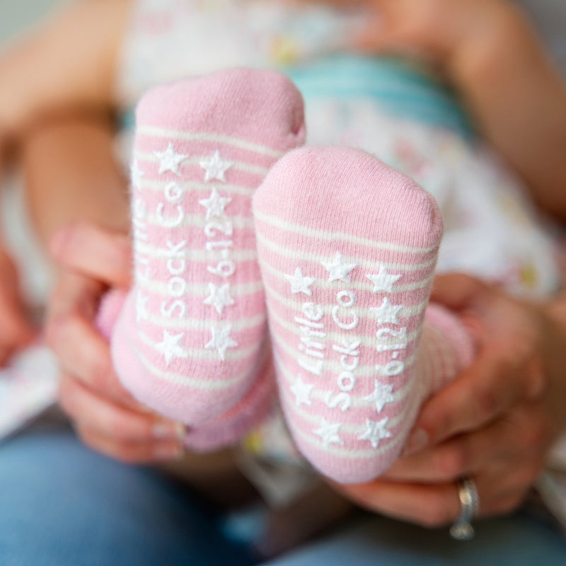 Cosy Stay On Winter Warm Non Slip Baby Socks - 5 Pack in Pink Stripe & Biscuit