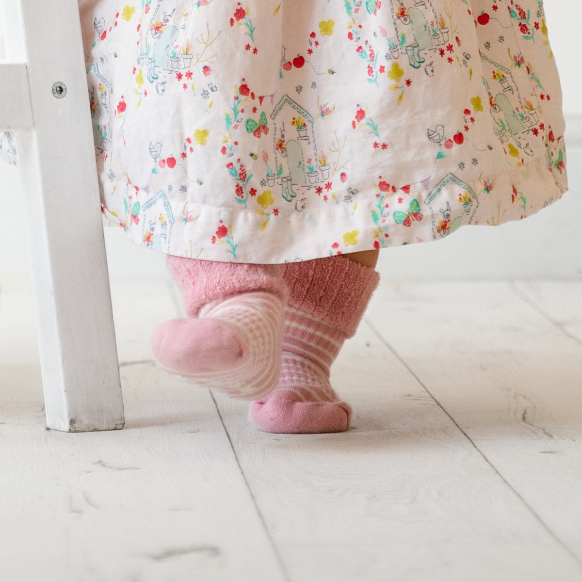 Cosy Stay On Winter Warm Non Slip Baby Socks - 5 Pack in Pink Stripe & Biscuit