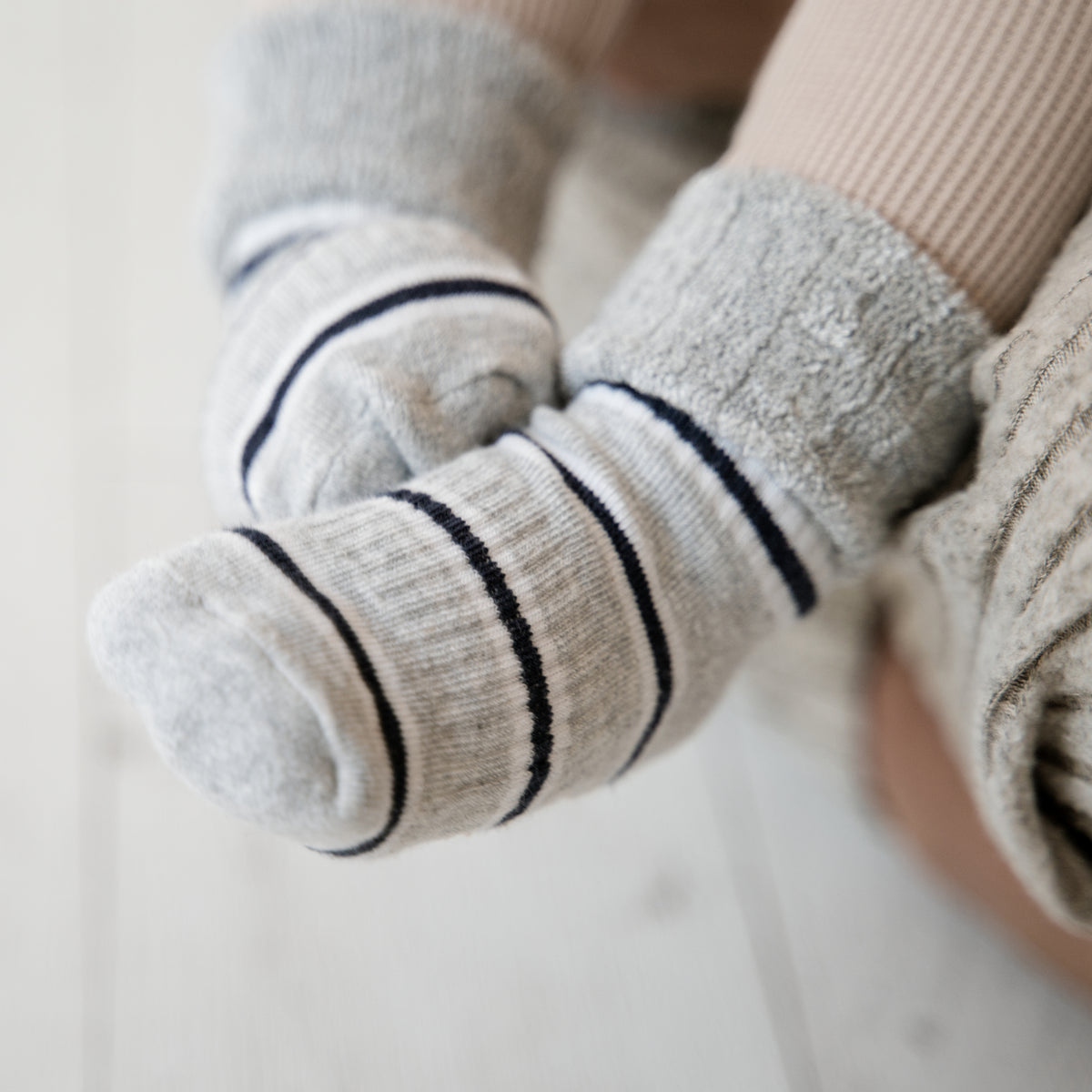 Cosy Stay On Winter Warm Non Slip Baby Socks in Navy Grey Stripe