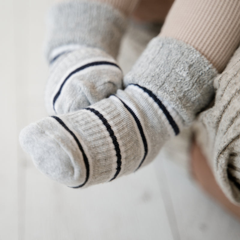 Cosy Stay On Winter Warm Non Slip Baby Socks in Navy Grey Stripe