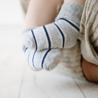 Cosy Stay On Winter Warm Non Slip Baby Socks in Navy Grey Stripe