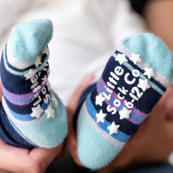 Non-Slip Stay on Baby and Toddler Socks - 5 Pack in Sydney Stripe and Navy