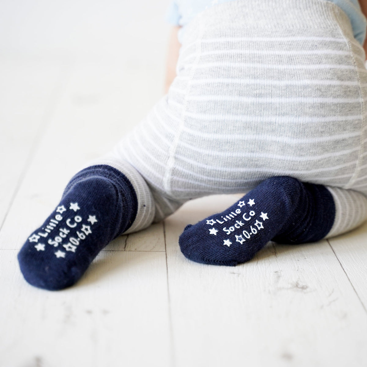Non-Slip Stay on Baby, Toddler & Child Socks - 3 Pack in Navy 0-6 years