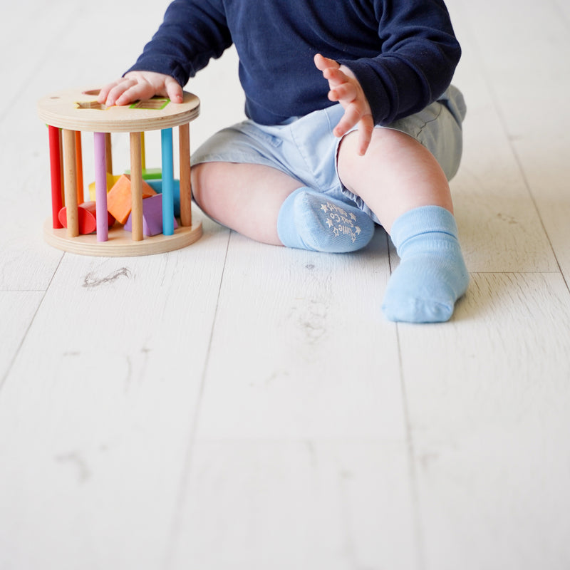 Personalised set of Multi-award winning Non-Slip Stay on Baby and Toddler Socks - Blue - 0-3 years