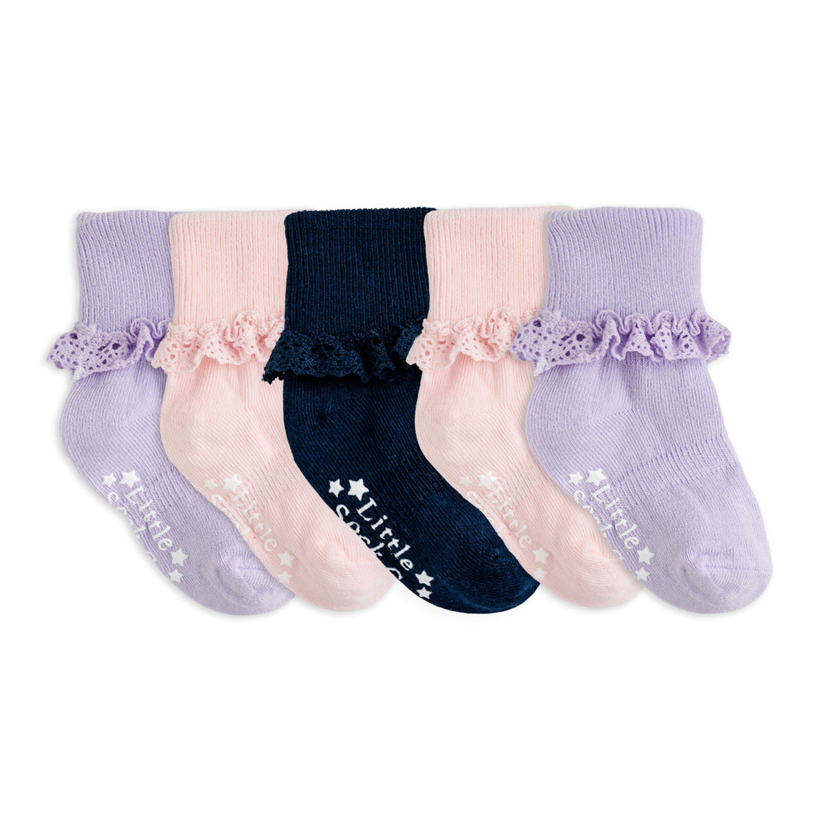 Frilly Non-Slip Stay-on Baby and Toddler Socks - 5 Pack in Amethyst, Navy and Pink Lemonade