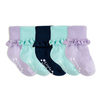Frilly Non-Slip Stay-on Baby and Toddler Socks - 5 Pack in Amethyst, Navy and Paradiso
