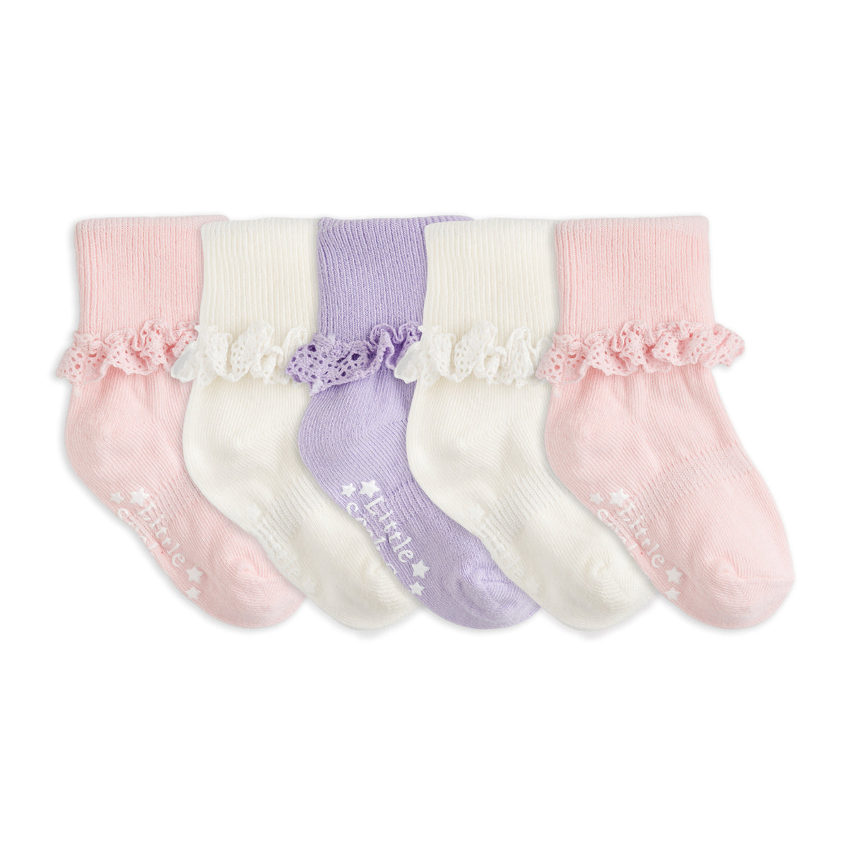 Frilly Non-Slip Stay-on Baby and Toddler Socks - 5 Pack in Amethyst, White and Pink Lemonade