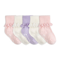 Frilly Non-Slip Stay-on Baby and Toddler Socks - 5 Pack in Amethyst, White and Pink Lemonade