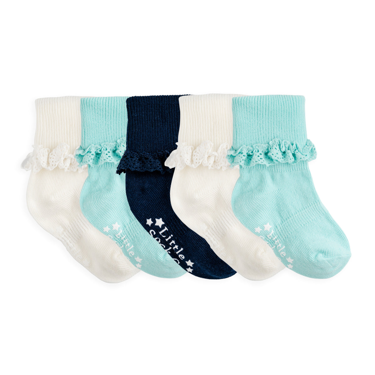 Frilly Non-Slip Stay-on Baby and Toddler Socks - 5 Pack in White, Navy and Paradiso
