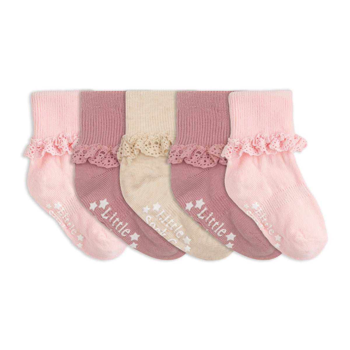 Frilly Non-Slip Stay-on Baby and Toddler Socks - 5 Pack in Oat, Orchid and Pink Lemonade
