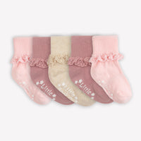 Frilly Non-Slip Stay-on Baby and Toddler Socks - 5 Pack in Oat, Orchid and Pink Lemonade