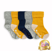 Non-Slip + Stay On Baby and Toddler Socks - 5 Pack in Navy, Mustard & Grey Marl