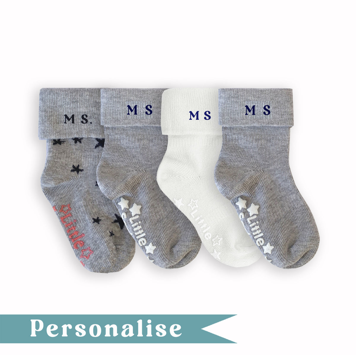 Personalised set of Multi-award winning Non-Slip Stay on Baby and Toddler Socks - Grey Neutrals - 0-3 years