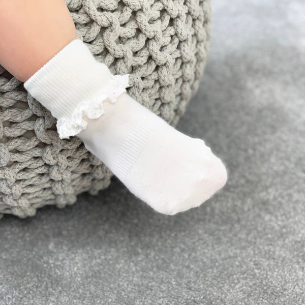 Frilly Non-Slip Stay-on Baby and Toddler Socks - 5 Pack in Navy, Oat and Pearl White