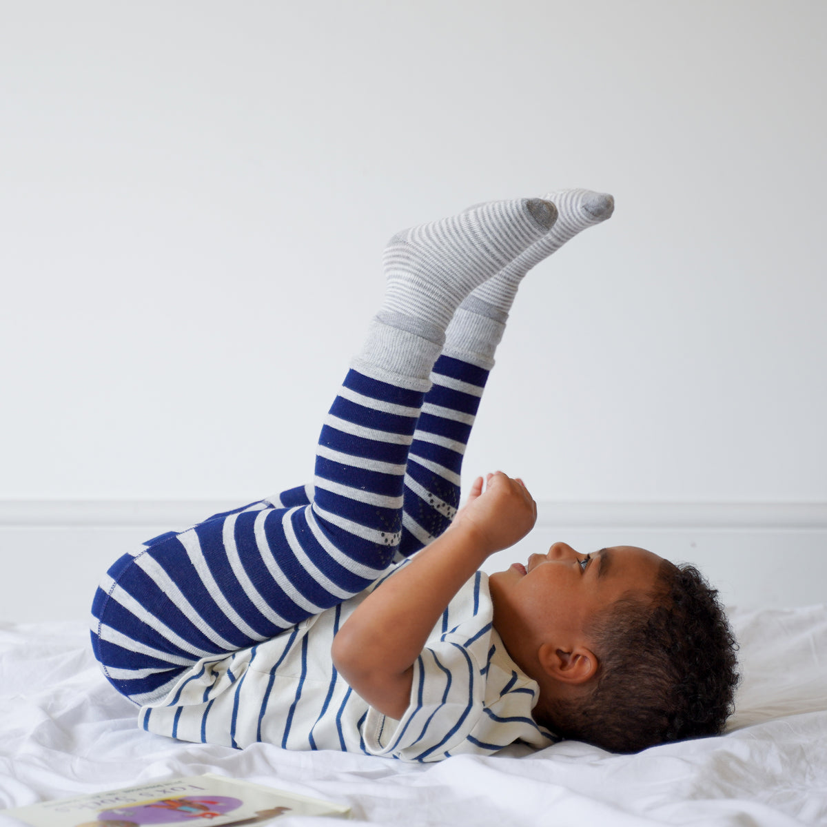 Non-Slip Stay On Baby and Toddler Socks - 3 Pack in Organic Sky Blue Stripe & Grey