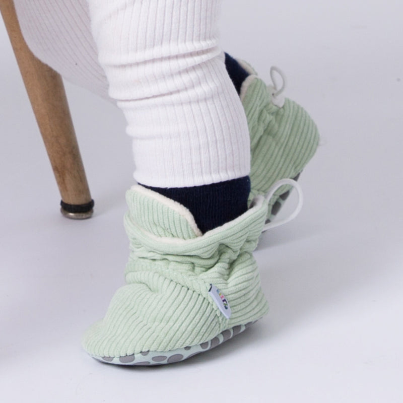 Stay-on, Non-Slip Booties - Perfect pram Slipper and Baby Carrier boot - Pistachio Corduroy