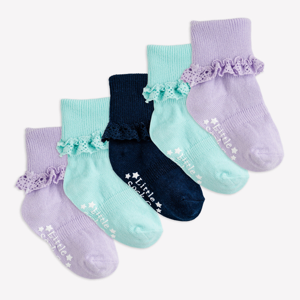 Frilly Non-Slip Stay-on Baby and Toddler Socks - 5 Pack in Amethyst, Navy and Paradiso