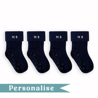 Personalised set of Multi-award winning Non-Slip Stay on Baby and Toddler Socks - Navy - 0-6 years