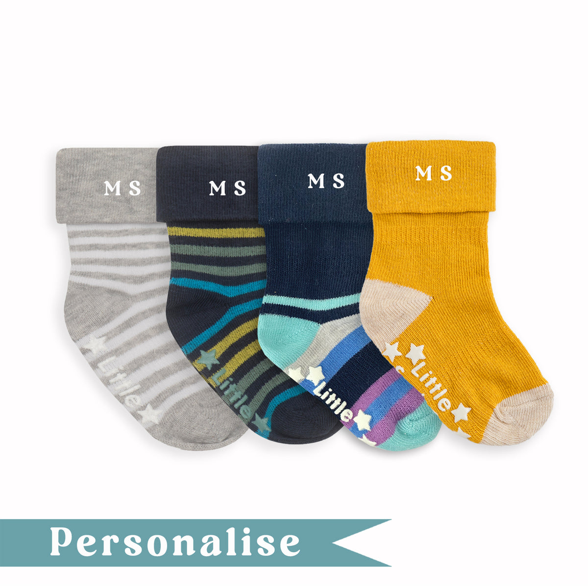 Personalised set of Multi-award winning Non-Slip Stay on Baby and Toddler Socks - Neutral Stripe- 6 months-3 years